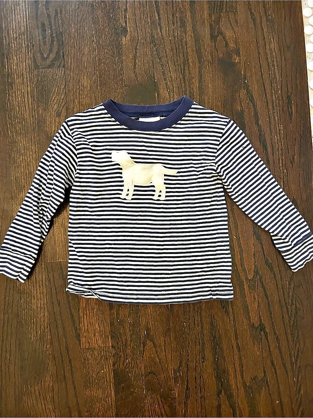 Little English Stripe Knit Shirt with Labrador Dog Applique